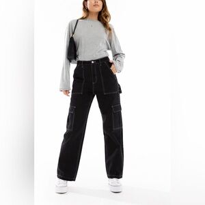 H&M Divided Black Cargo Pants White Contrast Stitching Straight Leg Size 4